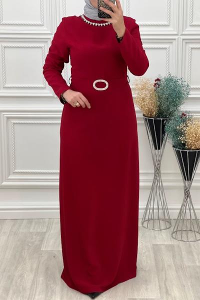 2065 Yaka Taşlı Kalem Elbise Kırmızı Kırmızı