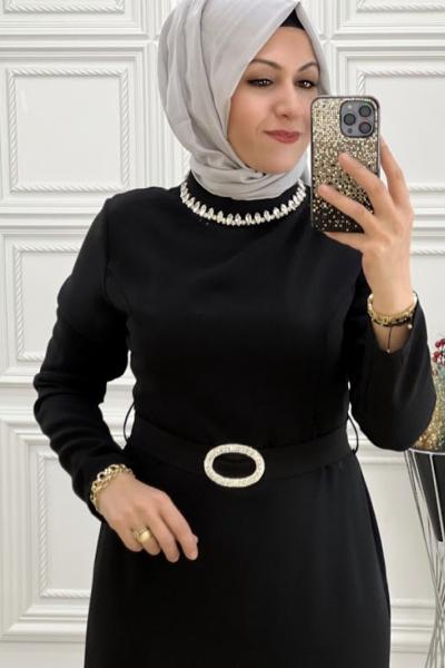 2065 Yaka Taşlı Kalem Elbise Siyah Siyah