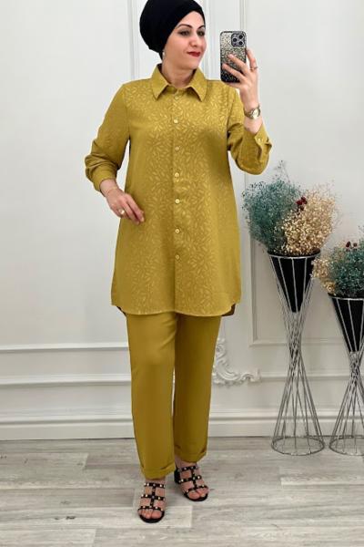 2070 Kendinden Yaprak Desenli Takım Yeşil Yağ Yeşili