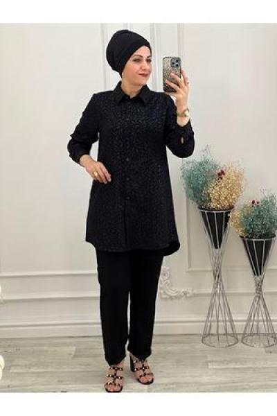 2070 Kendinden Yaprak Desenli Takım Siyah Siyah