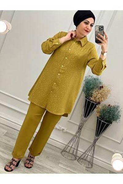 2070 Kendinden Yaprak Desenli Takım Yeşil Hardal Sarısı