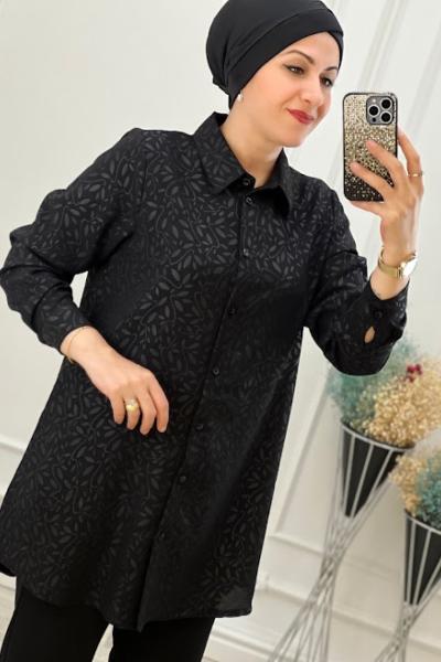 2070 Kendinden Yaprak Desenli Takım Siyah Siyah