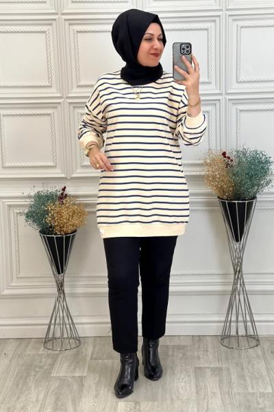 2108 İki İplik Çizgili Tunik  İndigo