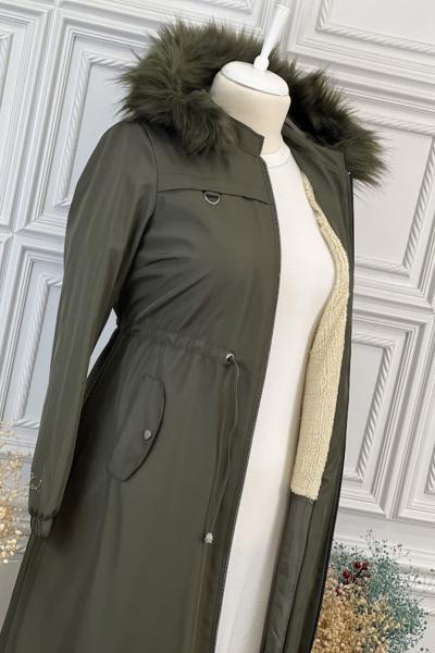 21646 Bel Bağlamalı Büyük Beden Pardesü Haki  Haki