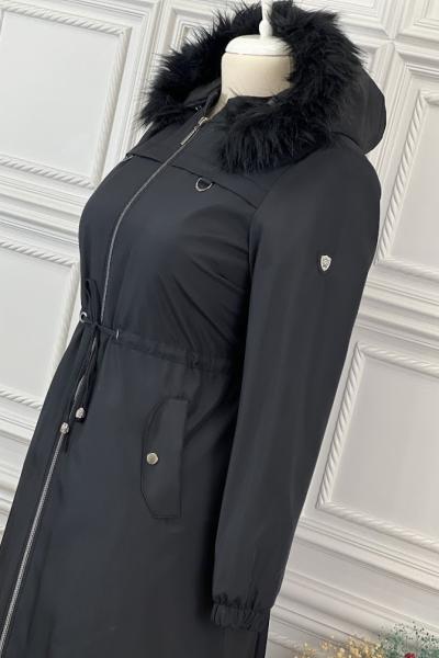 21646 Bel Bağlamalı Büyük Beden Pardesü  Siyah