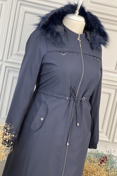 21646 Bel Bağlamalı Büyük Beden Pardesü  Lacivert Lacivert