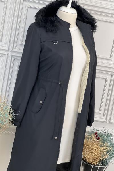 21647 Bel Bağlamalı Kısa Kaban Siyah Siyah