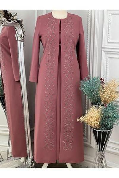 2179 Taşlı Kaftan Takım  Pudra