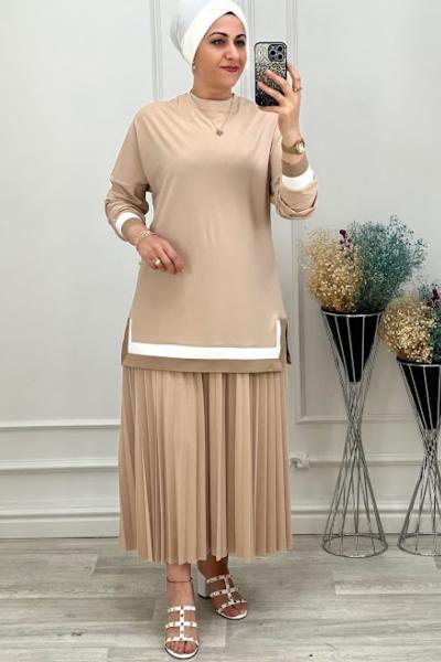 2194 Plise Etekli Takım Bej Bej