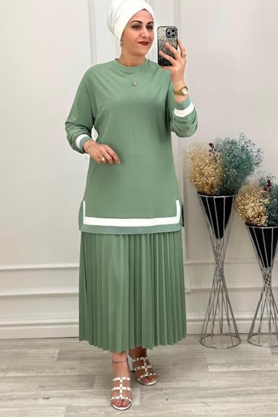 2194 Plise Etekli Takım Mint Mint Yeşili