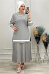 2194 Plise Etekli Takım Gri Gri