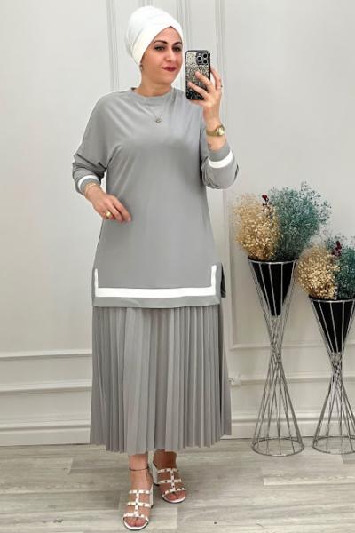 2194 Plise Etekli Takım Gri Gri