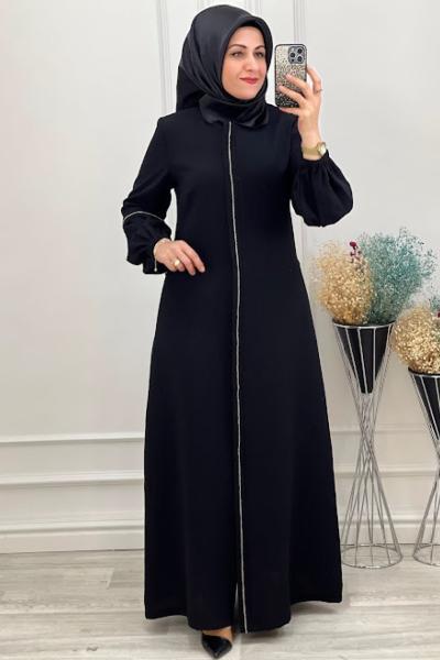 2202 Kolu Şeritli Ferace Siyah Siyah