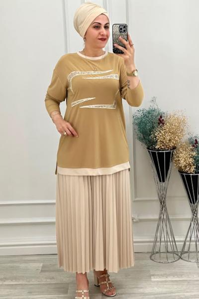 2215 Geometrik Desenli Etek Takım Hardal Hardal Sarısı