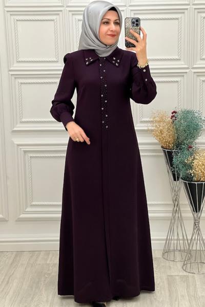 2235 Boncuk İşlemeli Ferace Mürdüm Mürdüm