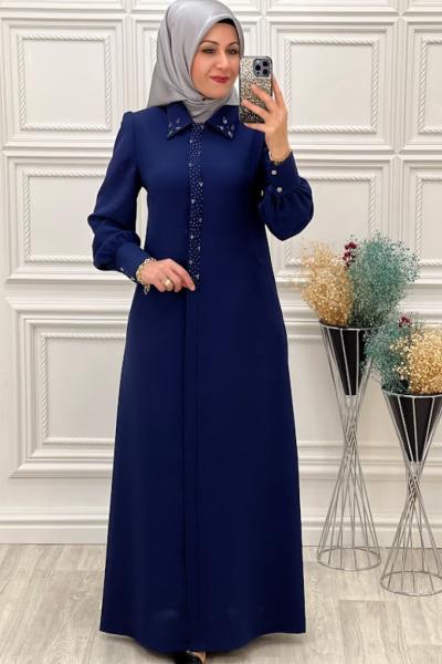 2235 Boncuk İşlemeli Ferace İndigo İndigo