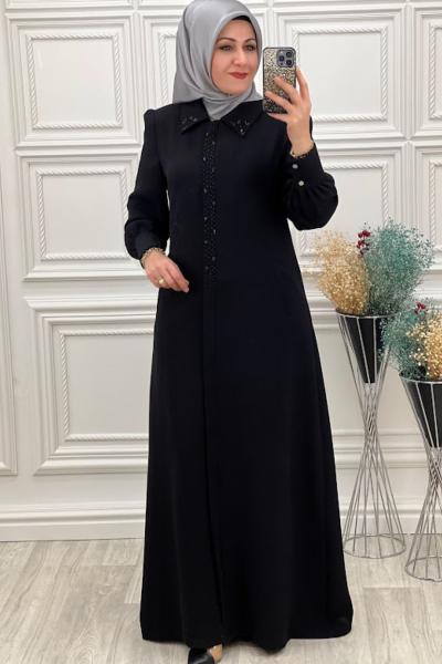 2235 Boncuk İşlemeli Ferace Siyah Siyah