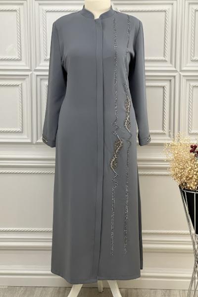 2265 Yanı Yaprak Taşlı Ferace Battal Gri Gri