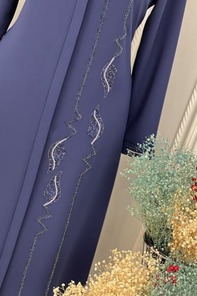 2265 Yanı Yaprak Taşlı Ferace Battal İndigo İndigo Ekru