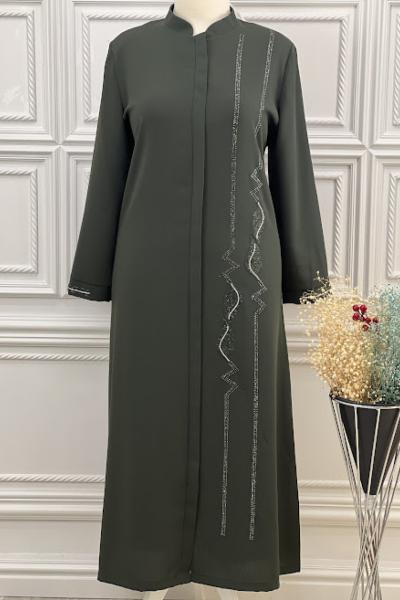 2265 Yanı Yaprak Taşlı Ferace Battal Haki Ekru Haki