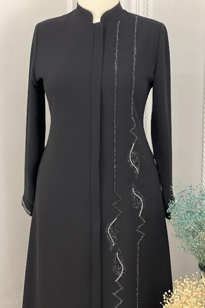 2265 Yanı Yaprak Taşlı Ferace Battal  Siyah Siyah