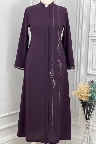 2265 Yanı Yaprak Taşlı Ferace Mürdüm Koyu Mor