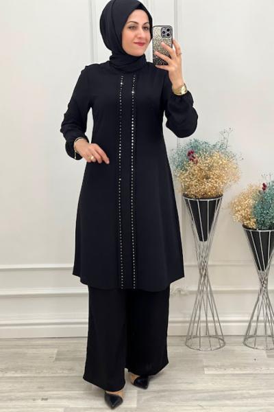 22709 Taşlı Takım Siyah Siyah