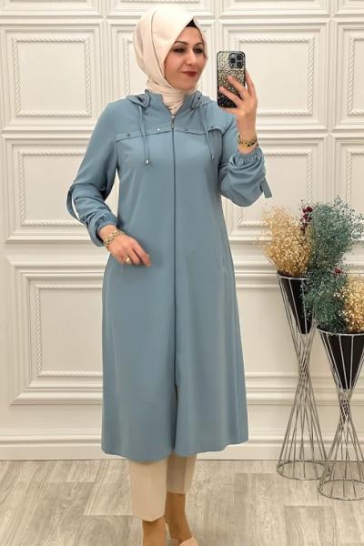 22710 Elit Keten Kapşonlu Kap Mavi Mavi