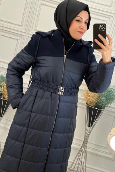 22838 Omzu Kaşe Kapitone Pardesü Lacivert
