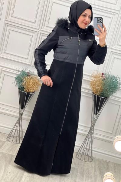 22841 Kapitone Detaylı Kaşmir Pardesü Siyah