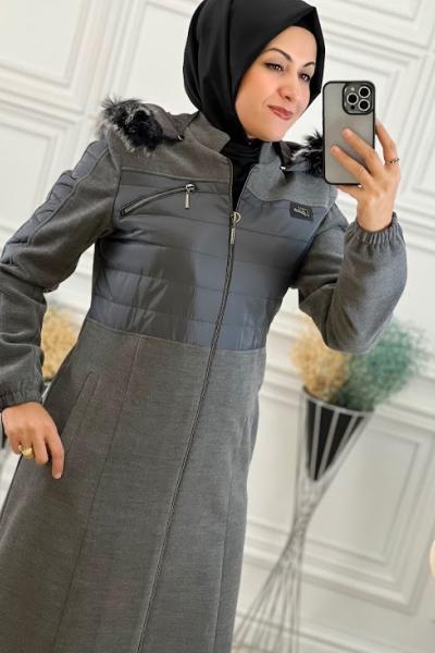 22841 Kapitone Detaylı Kaşmir Pardesü Gri