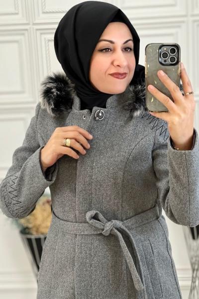 22871 Uzun Kaşe Manto  Gri
