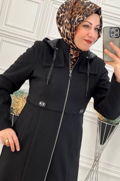 22872 Uzun Kaşe Manto  Siyah