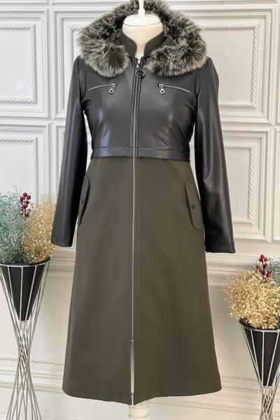 2302 Deri Detaylı Kaşmir kaban  Siyah