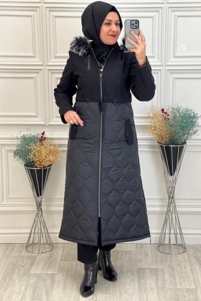 2308 Kaşe Detay Kapitone Kaban  Siyah