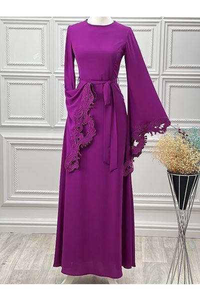 2338 Bilekten Yarasa Elbise Mor Mor