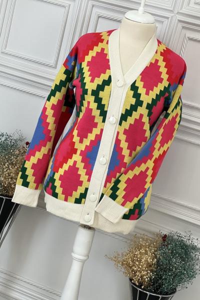 2636 Kilim Desenli Hırka Pembe Pembe