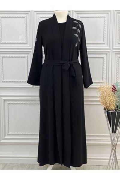 2641 Yaprak Desenli Elbise Abaya Siyah Diğer