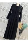 2641 Yaprak Desenli Elbise Abaya Siyah Diğer
