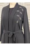 2641 Yaprak Desenli Elbise Abaya Siyah Diğer
