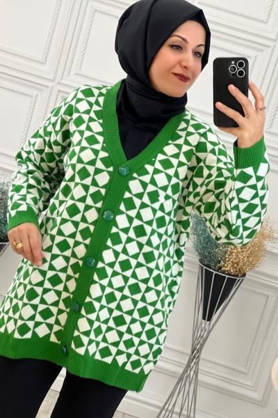 2644 Çerçeve Desenli Hırka Yeşil Yeşil