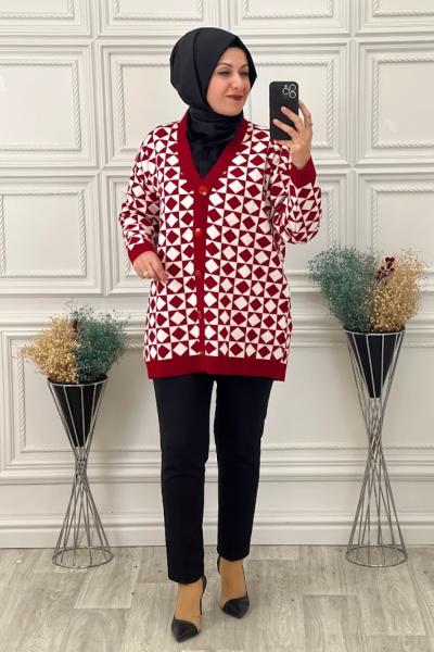 2644 Çerçeve Desenli Hırka Bordo Bordo