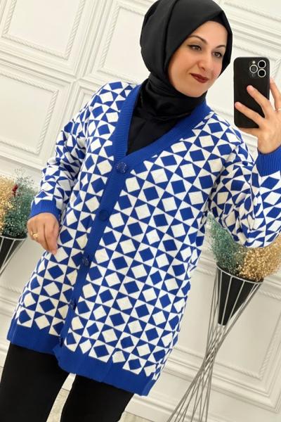 2644 Çerçeve Desenli Hırka Saks Saks Mavisi