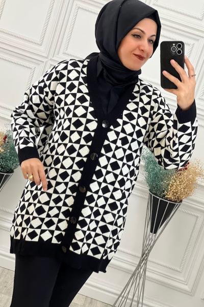 2644 Çerçeve Desenli Hırka Siyah Siyah