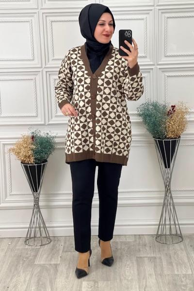 2644 Çerçeve Desenli Hırka Kahve Kahverengi