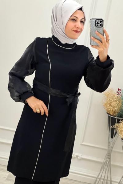 2663 Kolu Organze Taşlı Takım Siyah Siyah