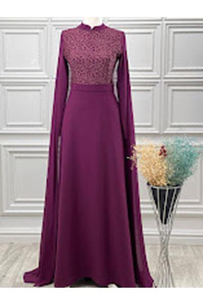 2664 Sırtı Pelerinli Elbise Mürdüm Mürdüm