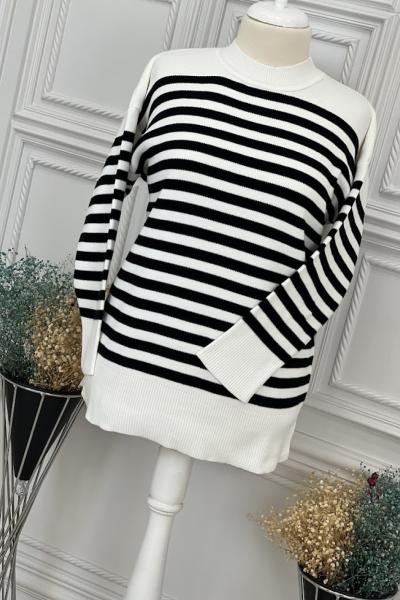 2700 Çizgili Triko Tunik Beyaz Beyaz