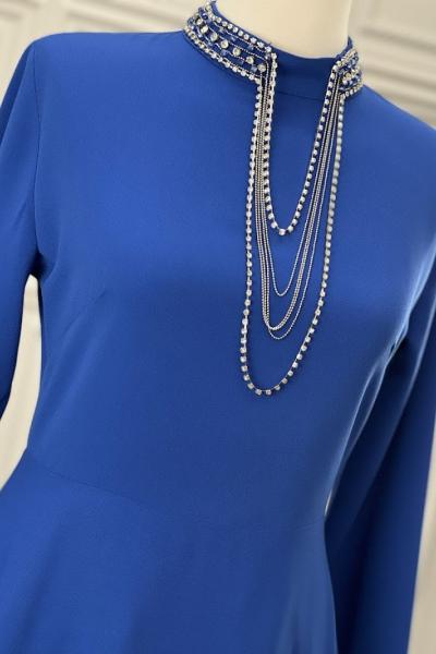 2739 Yakası Askı Taşlı Elbise Saks Saks Mavisi