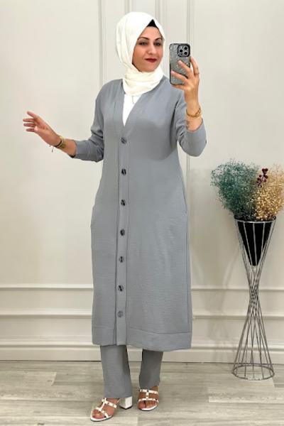 Üçlü Tesettür Takım Gri Gri